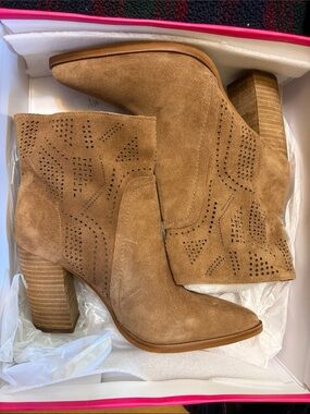 Vince Camuto Tan Suede Perforated Block Heel Booties